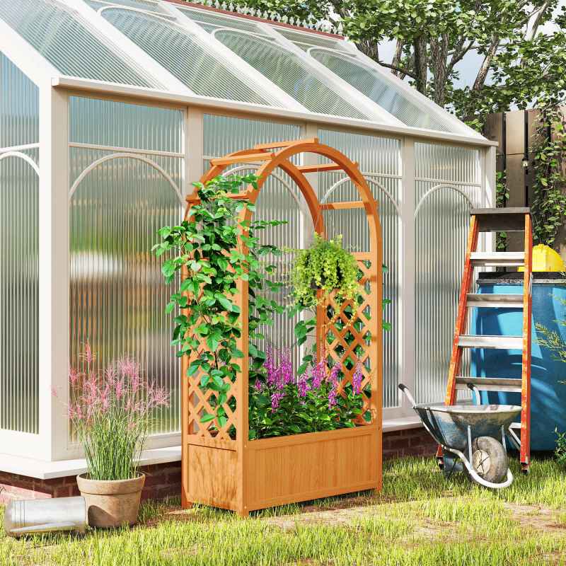 Outsunny Wooden Raised Garden Bed with Arch Trellis, Fabric Liner, Garden Planter Box with Drainage Holes, Trellis Planter for Vine Climbing Plants, Flowers, Herbs, Vegetables, 83 x 36 x 145 cm