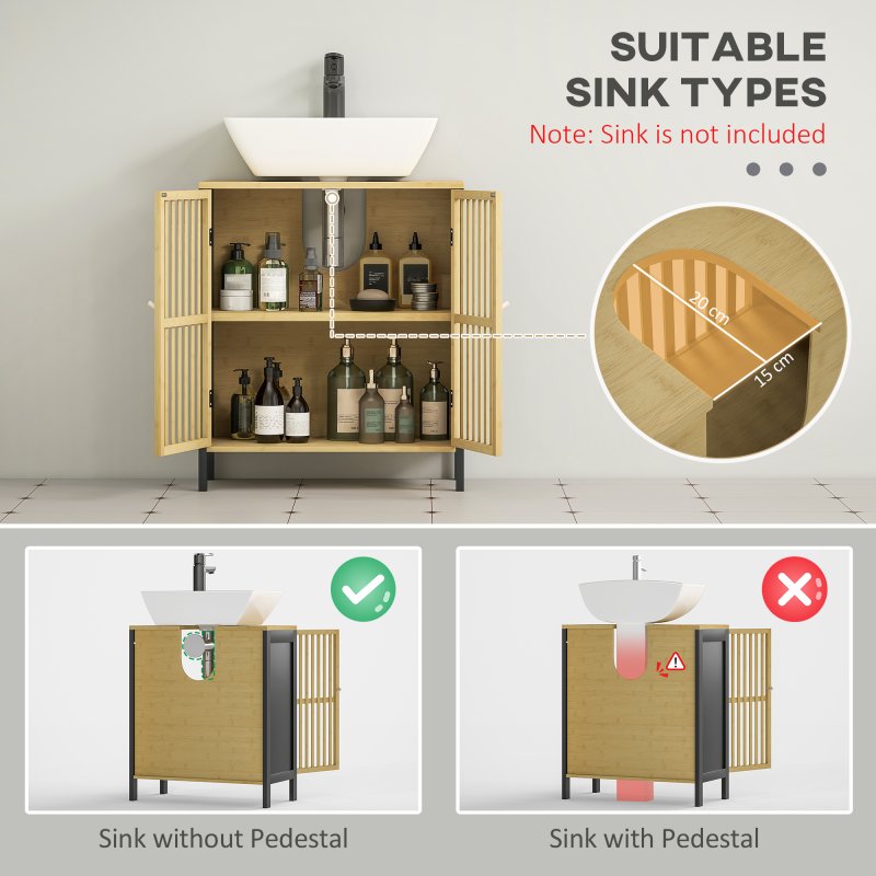 HOMCOM Under Sink Bathroom Cabinet, Bamboo Sink Storage Cabinet, Bathroom Vanity Unit with 2 Slat Doors, Adjustable Shelf and U-Shape Slot for Pipe Fit