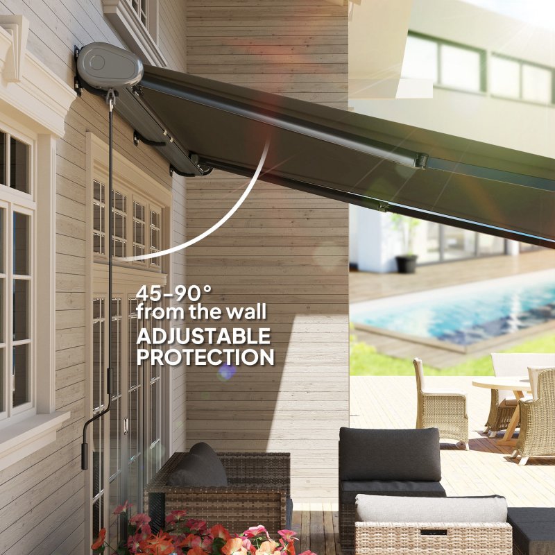 Outsunny 4 x 3(m) Full Cassette Electric Awning with Remote Controller, Aluminium Frame DIY Retractable Garden Awning, UPF50+ Sun Shade Canopy for Deck Door Window, Dark Grey