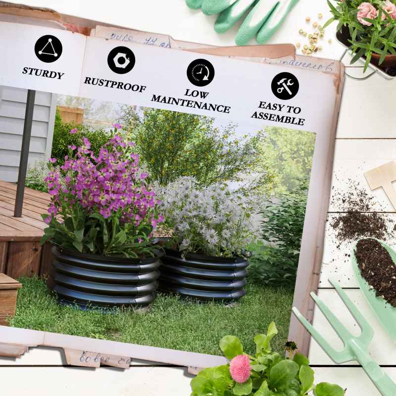 Outsunny Steel Raised Beds for Garden Set of 2, Outdoor Elevated Planter Box with Safety Edging, Easy-to-assemble Stock Tank for Growing Flowers, Herbs and Vegetables, Dark Grey