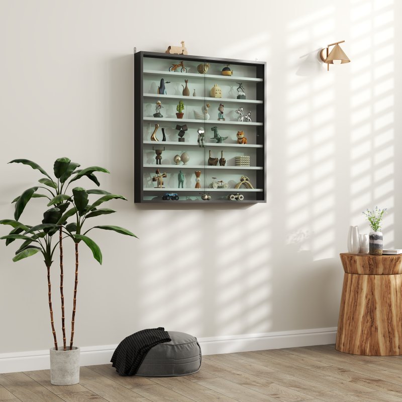 HOMCOM 7-Tier Wall Mounted Display Cabinet, Display Case with 6 Adjustable Shelves, Glass Doors for Home Office Ornaments 83x80cm, Black and White