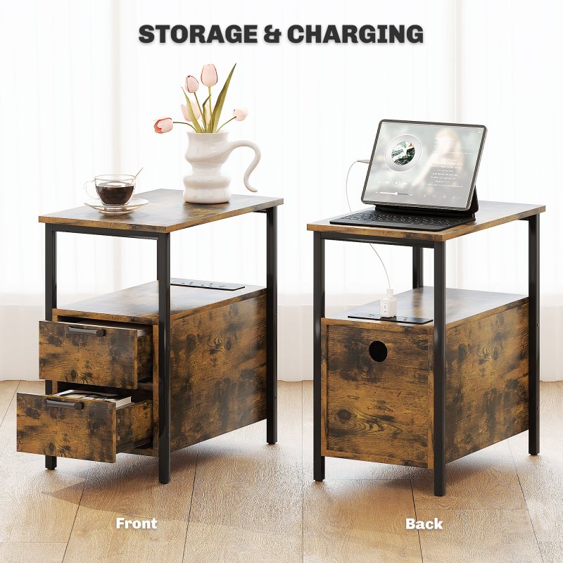 HOMCOM Side Table with Charging Station, USB Ports and Power Outlets, Narrow Bedside Table with 2 Drawers and Shelf for Living Room, Bedroom, Rustic Brown