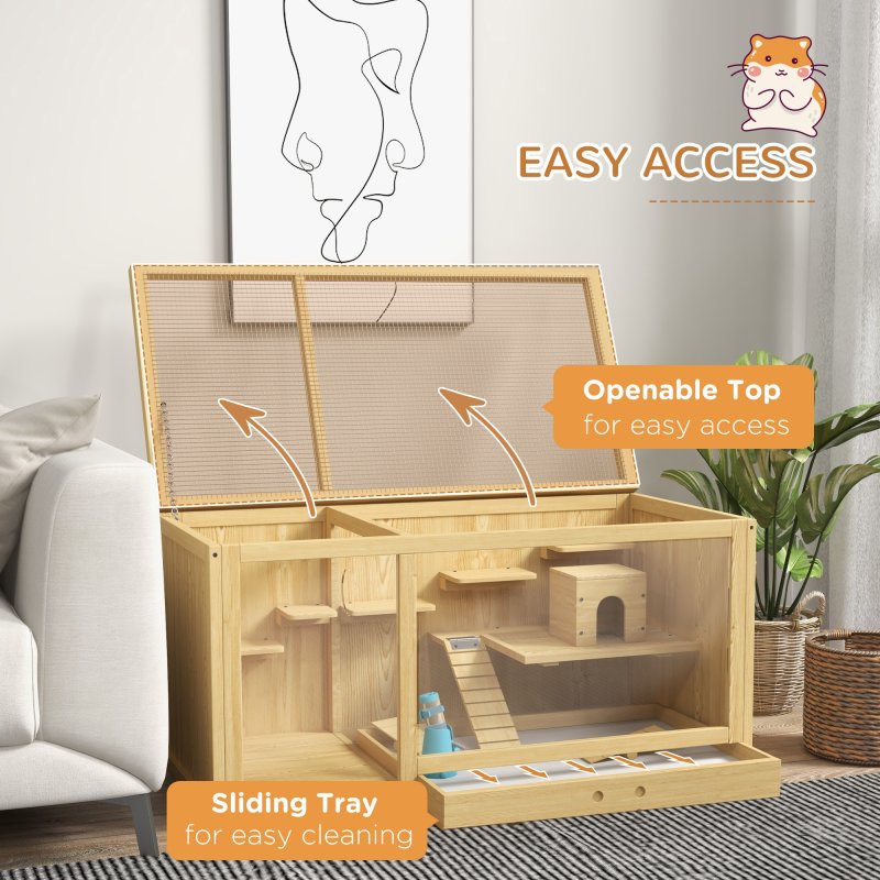 PawHut Wooden Hamster Cage with Water Bottle, Small Animal Exercise Play House with Platforms, Openable Roof, Sliding Tray, Hut, Seesaws, Natural Wood Finish