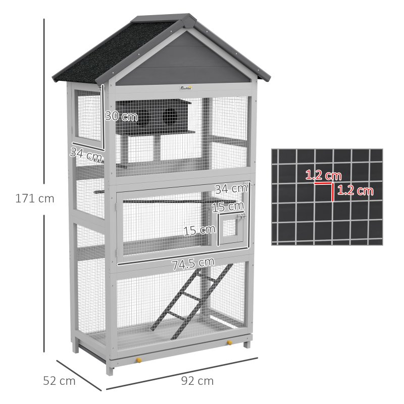 PawHut Wooden Bird Cage Budgie cage, Bird Aviary Outdoor Birdhouse for Finches, Parakeets - Grey