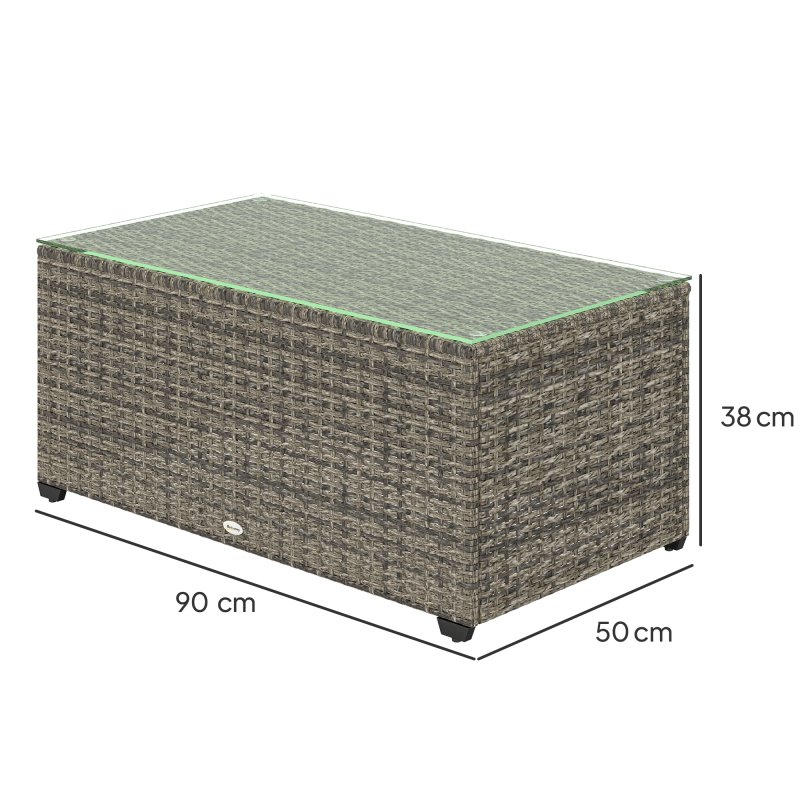 Outsunny Outdoor Coffee Table, PE Rattan Side Table with Tempered Glass Top, Wicker Rectangular Garden Coffee Table End Table with Steel Frame for Patio, Balcony, 90 x 50 x 38cm, Dark Grey