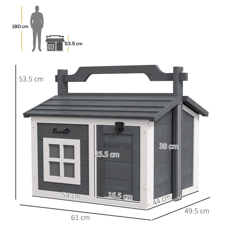 PawHut Rabbit Hutch Cat House Puppy House Guinea Pig Hutch Small Animal House Portable Wooden Indoor Outdoor with 2 Rooms Top Handle, Openable Roof - Grey