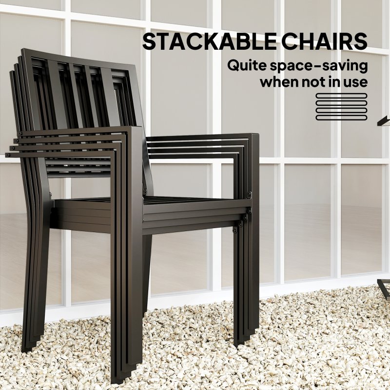 Outsunny 5 Pieces Garden Dining Set with Cushions, Outdoor Patio Table and 4 Stackable Chairs, Metal Top Table with Umbrella Hole, Black