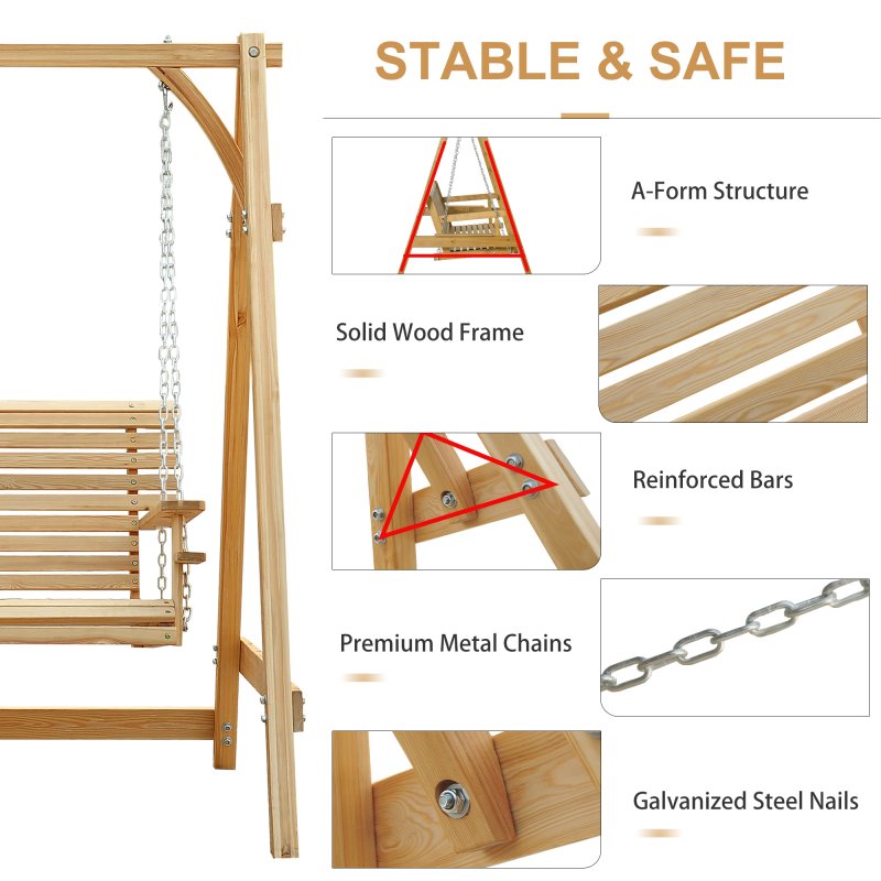 Outsunny 2 Seater Garden Swing Seat, Wooden Swing Chair Bench with Cup Holders for Outdoor Porch Patio, Natural