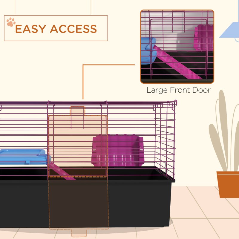 PawHut Guinea Pig Cage Chinchillas Rabbit Small Animal Cage with Ramp, Dish, Water Bottle, 71 x 46 x 47cm, Black