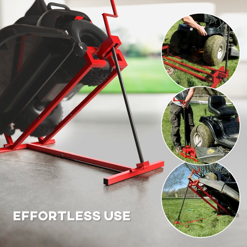 HOMCOM Folding Ride On Lawn Mower Jack Lift, 400 kg Adjustable Steel Lifting Device, Telescopic Maintenance Jack Lifter for Lawnmowers, ATVs, Red