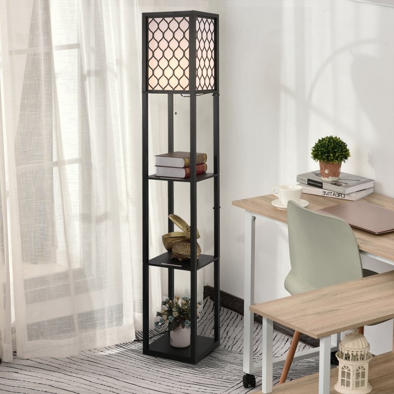 HOMCOM Modern Shelf Floor Lamp Light with Three Open Shelves Large Storage Display, for Living Room, 160cm, Bulb not Included, Black