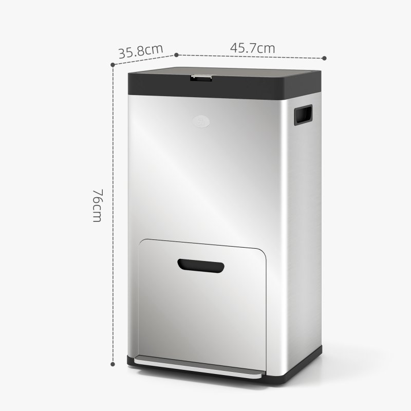 HOMCOM Kitchen Bin, 2 x 18L and 20L Volumes, Stainless Steel 3 Compartment Bin with Wheels, Soft Close Lid, Removable Inner Buckets, Fingerprint-Proof for Recycling and Waste, Silver Tone