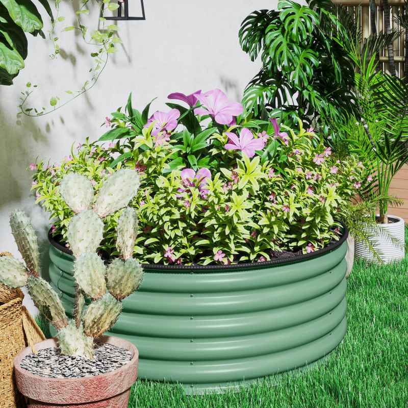Outsunny Galvanised Raised Garden Bed with Safety Edging, Outdoor Raised Planter Box with Gloves and Open Bottom, Metal Raised Bed for Flowers, Vegetables and Herbs, 120 x 120 x 43cm, Light Green