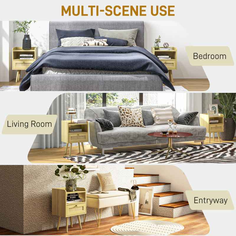 HOMCOM Bedside Tables Set of 2, Boho Styled Nightstand with Drawer, Storage Compartment and Rattan Accent, Side End Table for Bedroom, 40 x 30 x 60cm, Natural Wood Finish