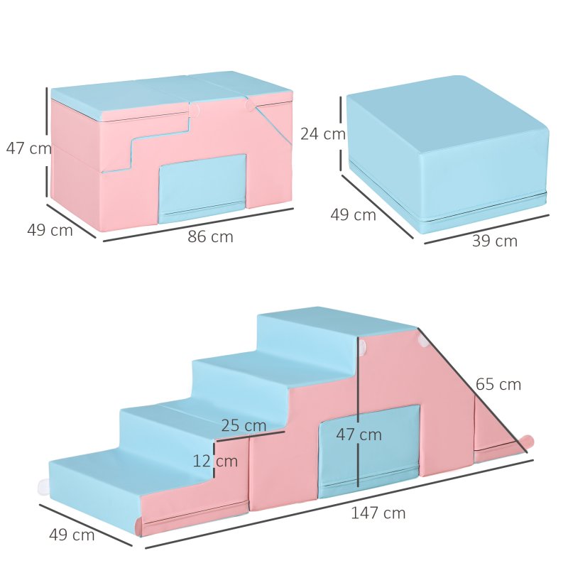 HOMCOM Soft Play Set, 2 Piece Baby Foam Blocks Climb and Crawl Activity Toys, Toddler Soft Play Equipment for 1-3 Years, Pink Blue