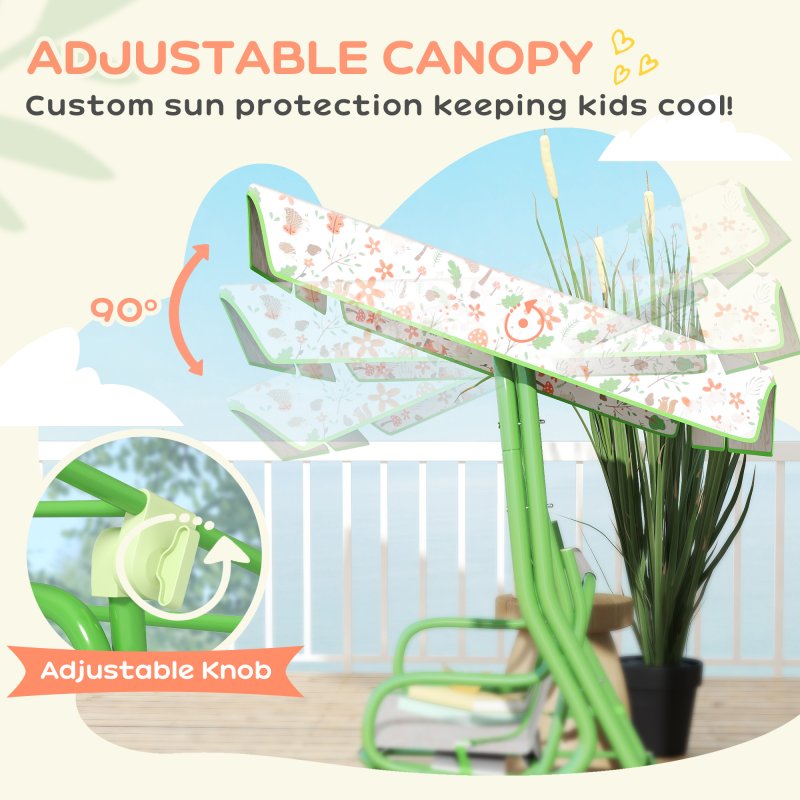 AIYAPLAY Kids Garden Swing Seat, Outdoor Swing Chair with Adjustable Canopy, Safety Belt, 2 Seater Hammock Swing Bench for Patio, Porch, Garden, Green