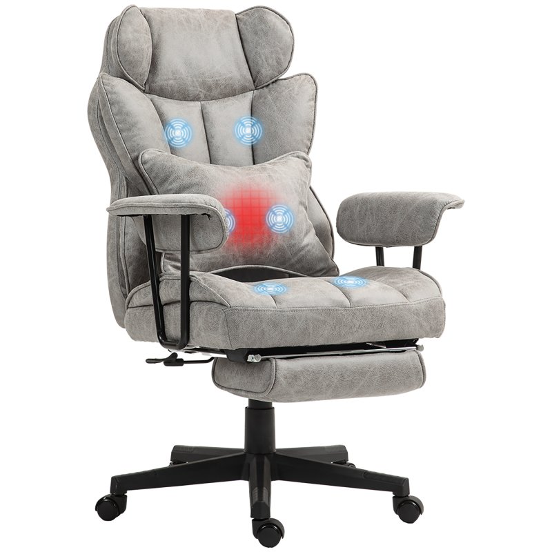 HOMCOM Office Chair with 6 Point Massage and Heat, Ergonomic Desk Chair with Foot Rest, Lumbar Support, Reclining Function and Wide Seat, Height-Adjustable High Back Swivel Rolling for Home, Grey