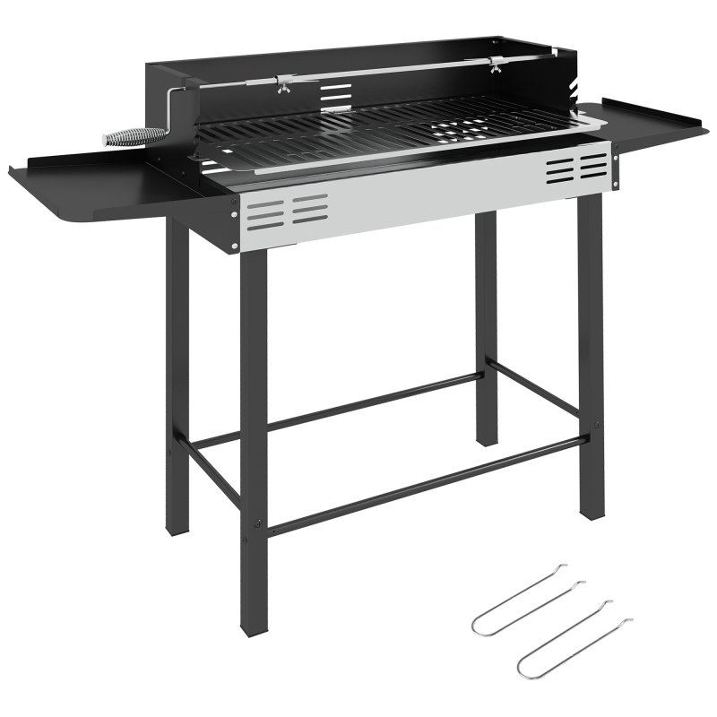 Outsunny BBQ Rotisserie Grill Roaster Charcoal Spit Roasting Machine for Chicken Turkey with 3-Level Grill Grate and Foldable Side Shelves, Stainless Steel