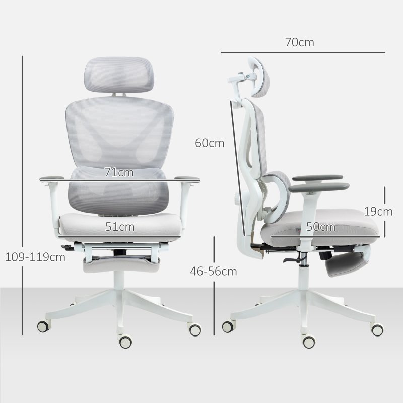HOMCOM Ergonomic Office Chair, Mesh Desk Chair with 3D Armrests, Rotatable Headrest, Adjustable Lumbar Support, Coat Hanger, Footrest for Home Office, Grey