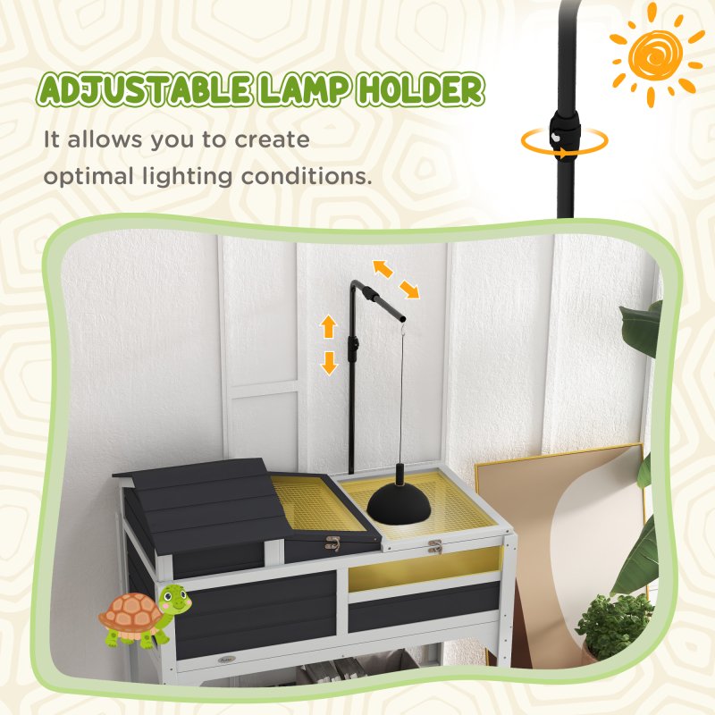 PawHut Tortoise House, 2 Layers Wooden Tortoise Enclosure with Adjustable Lamp Holder, Tortoise Table with Openable Lid, Removable Main House, Storage Shelf, Run Box, Fixed Tray - Grey