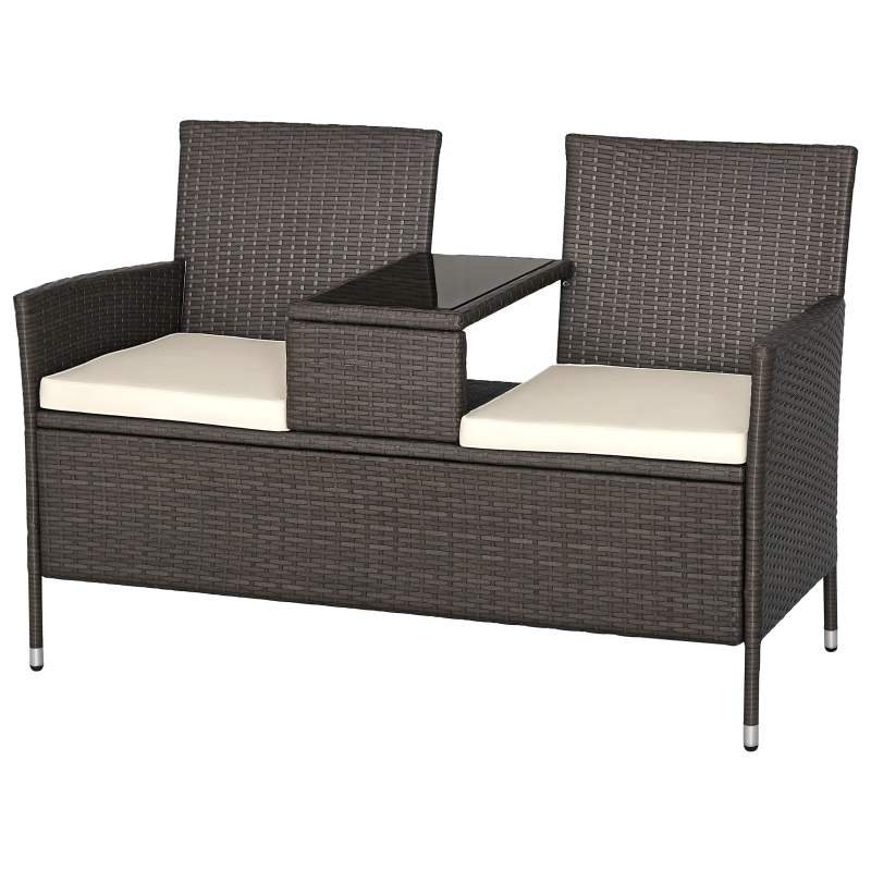 Outsunny 2 Seater Rattan Campanion Chair Wicker Loveseat Outdoor Patio Armchair with Drink Table Garden Furniture - Grey