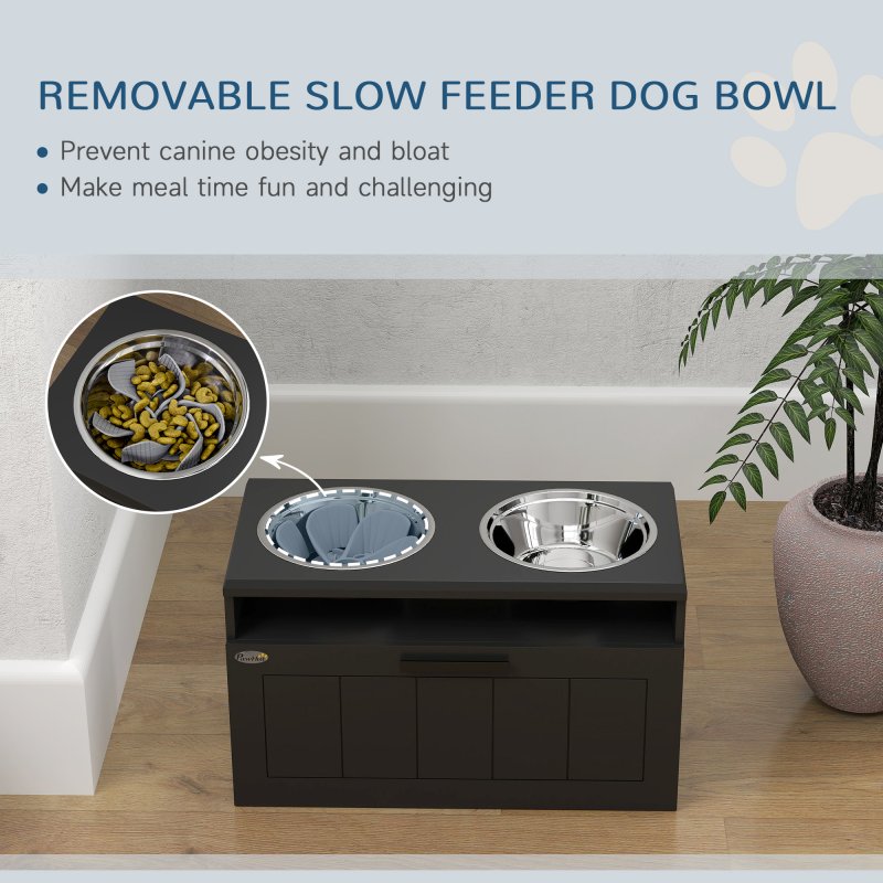 PawHut Raised Dog Bowl, Elevated Pet Bowls with Slow Feeder, Two Stainless Steel Bowls, Drawer, for Large & Extra Large Dogs, Black