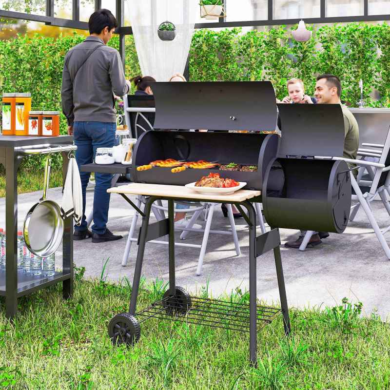 Outsunny Charcoal Barbecue Grill with Offset Smoker, Barrel BBQ Trolley with 3 Storage Shelves & Thermometer for Outdoor Garden Camping Picnic Cooking, Black