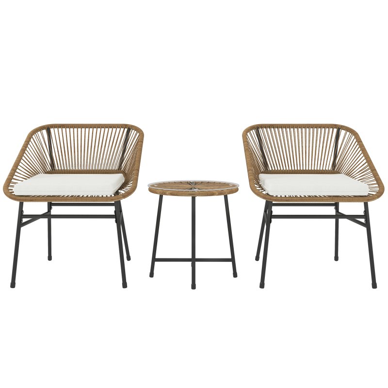 Outsunny 3 Pieces Rattan Bistro Set, Wicker Small Garden Table and Chairs Set with Cushions and Glass Top Coffee Table, Bistro Garden Furniture Set for Outdoor, Patio, Balcony, Natural