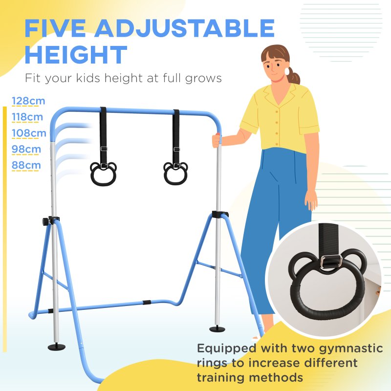 HOMCOM Kids Gymnastics Bar, Horizontal Bar for Kids, Adjustable Height Folding Gymnastics Equipment with Gymnastic Rings, Non-slip Rubber Floor Rings, for Home, Flat, Blue