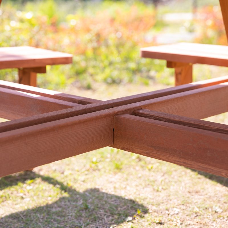 Outsunny 8 Seater Wooden Picnic Table and Garden Benches Set, Round Garden Dining Set with 4 Benches and Umbrella Hole Outdoor Garden Park, Brownish Red