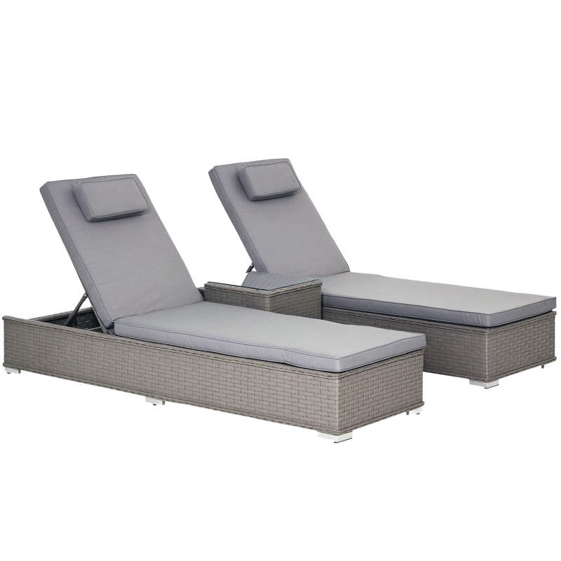 Outsunny 3 Pieces Rattan Sun Lounger Set with Aluminium Frame, 5-Position Adjustable Reclining Garden Chairs and Glass Top Table, Wicker Garden Furniture Daybed with Cushions for Patio, Grey