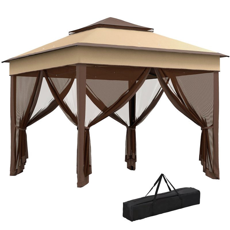 Outsunny 3 x 3(m) Pop Up Gazebo with Netting and Carrying Bag, Party Tent Instant Event Shelter, Height Adjustable and UV-Resistant, for Garden, Patio, Beige