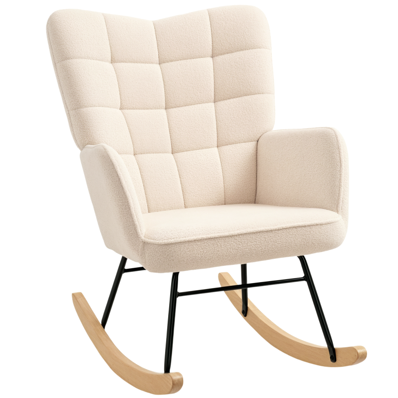 HOMCOM Wingback Rocking Chair with Wooden Base, Fleece Glider Rocker for Nursing, Modern Armchair - Beige