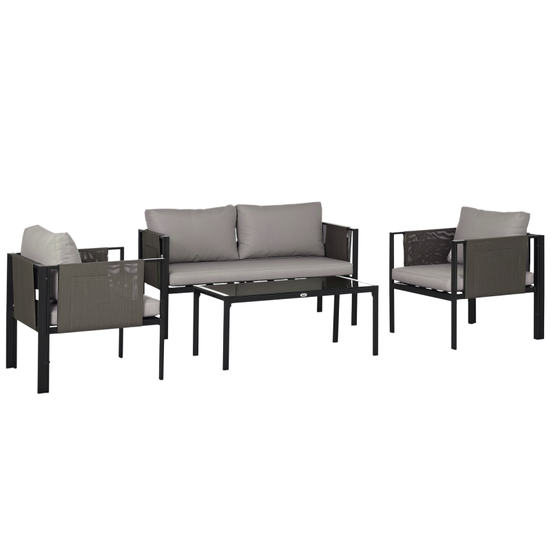 Outsunny 4 Piece Metal Garden Furniture Set with Tempered Glass Coffee Table, Texteline Pocket, Outdoor Set Loveseat Single Armchairs with Padded Cushions, Light Grey