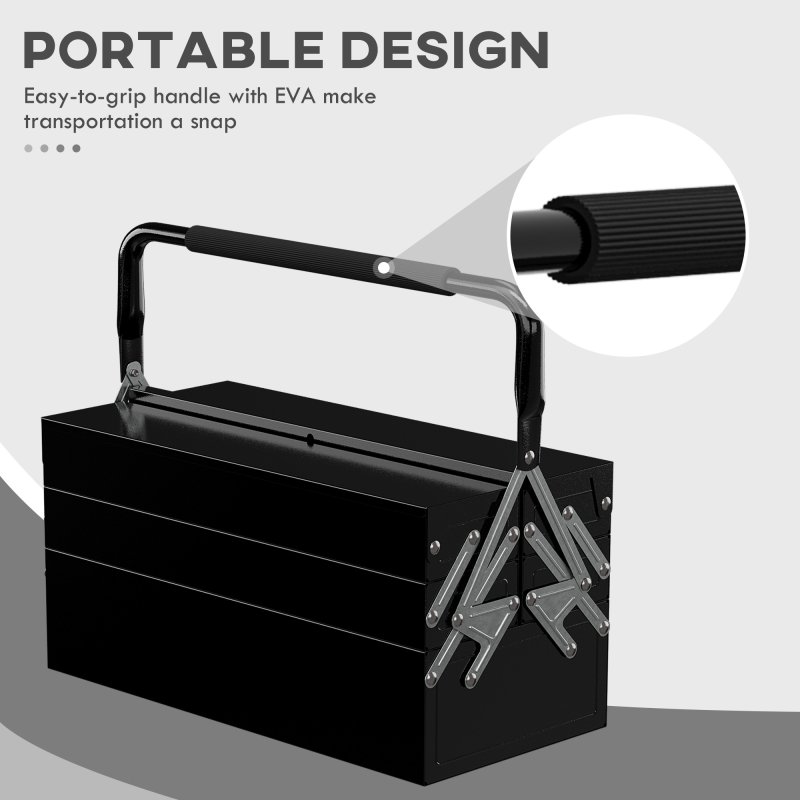 DURHAND Metal Tool Box 3 Tier 5 Tray Professional Portable Storage Cabinet Workshop Cantilever Toolbox with Carry Handle, 45cmx20cmx34.5cm, Black
