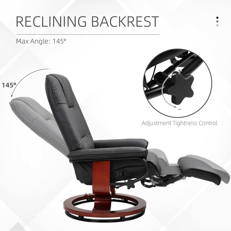 HOMCOM 360° Swivel Recliner Chair with Footstool, Manual Recliner Armchair with Wooden Base, Linen-Like Upholstered Reclining Chair for Living Room, Bedroom, Office, Black