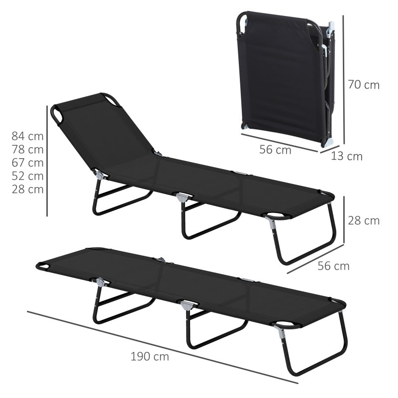 Outsunny Foldable Sun Lounger Set of 2 with 5-Position Adjustable Backrest, Outdoor Portable Recliner Chaise Lounge Chair with Breathable Mesh Fabric, Black