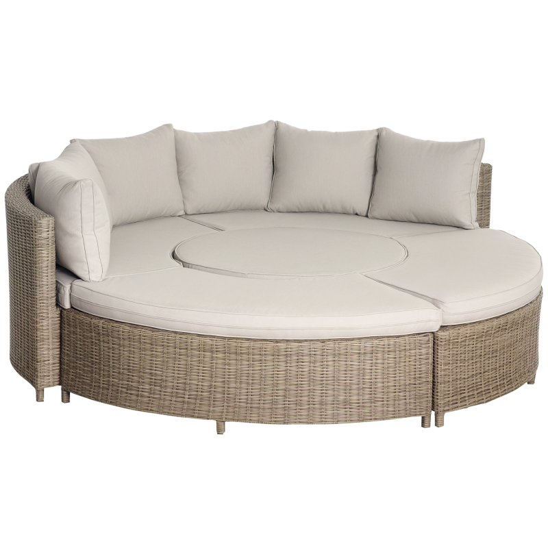 Outsunny 5 Pieces Outdoor PE Rattan Round Garden Daybed with Cushions, Aluminium Patio Furniture Set Lounge Chair Conversation Sofa Set with Liftable Coffee Table and Protect Cover, Grey