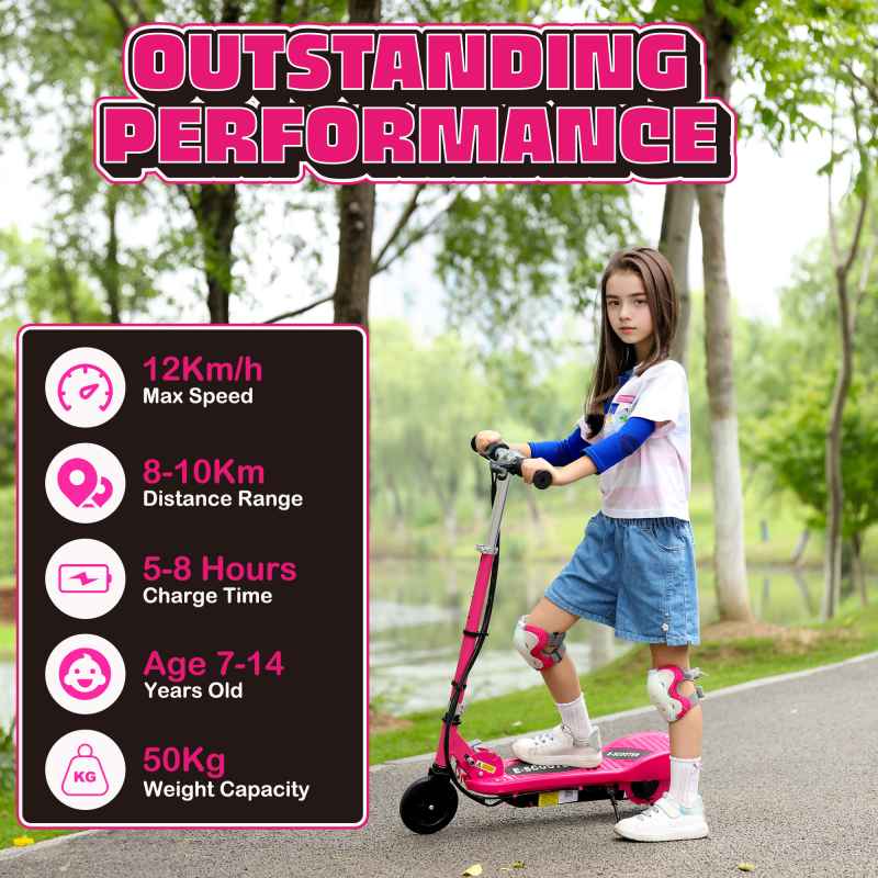 HOMCOM Electric Scooter for Kids, 120W Foldable E Scooter for Age 7-14 with Adjustable Height, Rear Brakes, Up to 12 KM/H, Maximum Range 10 KM, Pink