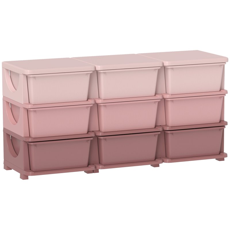 HOMCOM Kids Storage Units with 9 Drawers 3 Tier Chest Vertical Dresser Tower Toy Organiser for Nursery Playroom Kindergarten Pink