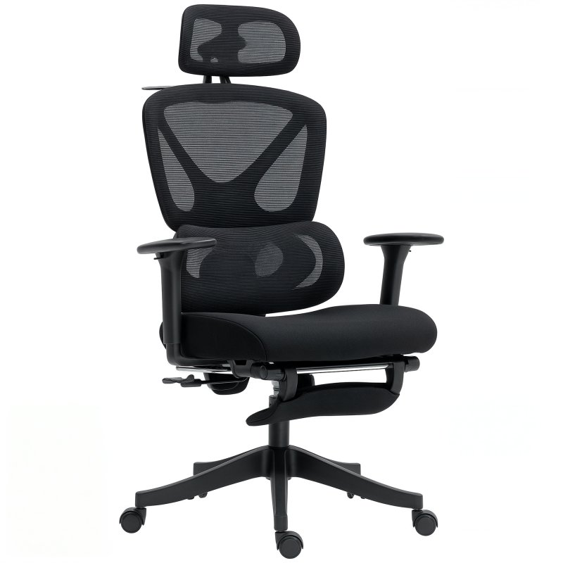HOMCOM Ergonomic Office Chair, Mesh Desk Chair with 3D Armrests, Rotatable Headrest, Adjustable Lumbar Support, Coat Hanger, Recliner Computer Swivel Chair with Footrest for Home Office, Black