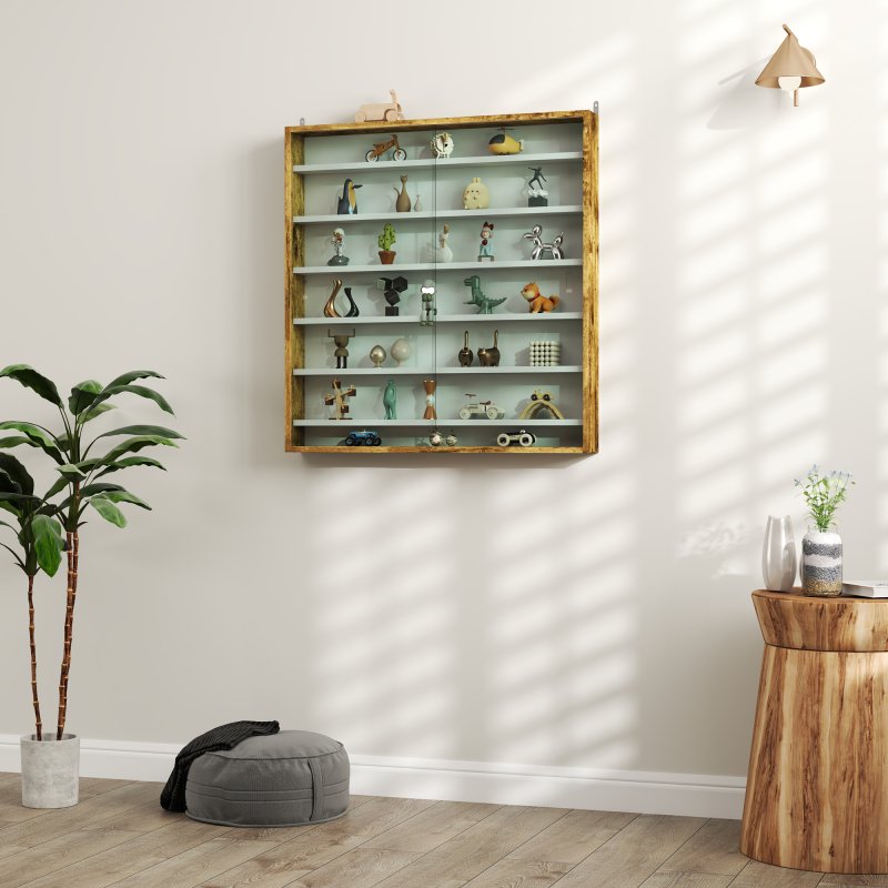 HOMCOM 7-Tier Wall Mounted Display Cabinet, Display Case with 6 Adjustable Shelves, Glass Doors for Home Office Ornaments 83x80cm, Oak
