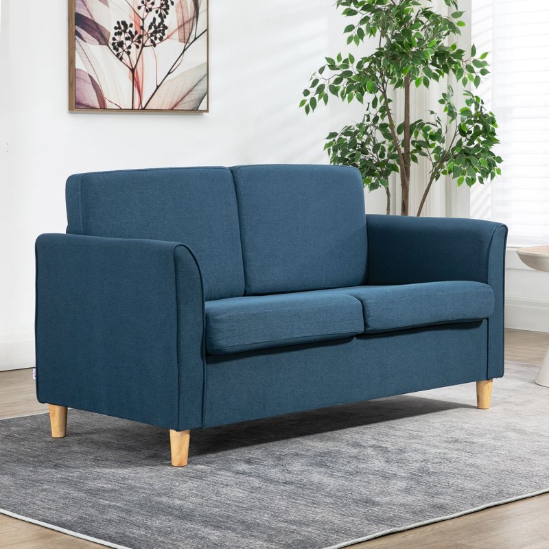 HOMCOM 2 Seater Sofa, Compact Loveseat, Linen Upholstered Couch with Wood Legs and Armrest, Small Sofa for Living Room and Home Office