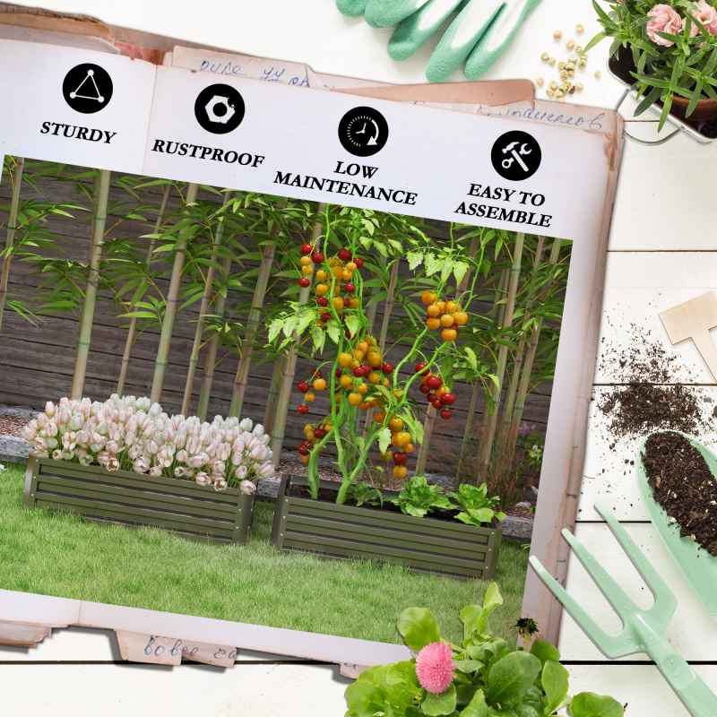 Outsunny Set of 2 Raised Garden Bed, Outdoor Planter Box with Galvanised Steel Frame for Growing Vegetables, Flowers and Herbs, 110 x 50 x 30cm, Dark Grey