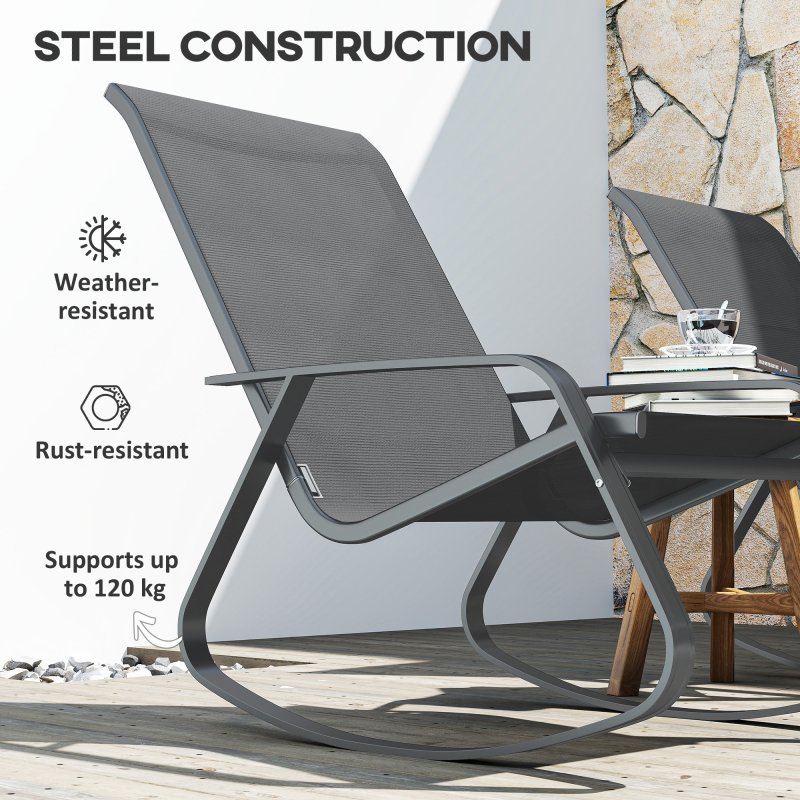 Outsunny Garden Rocking Chairs Set of 2, Ergonomic Outdoor Rocking Chairs with Armrests, High Backrest, Steel Frame Relaxing Rocker Armchair Seats for Patio, Balcony, Porch, Grey