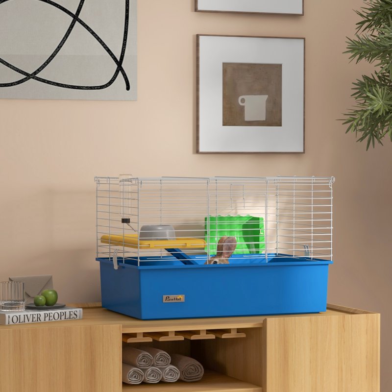 PawHut Guinea Pig Cage Chinchillas Rabbit Small Animal Cage with Ramp, Dish, Water Bottle, 71 x 46 x 47cm, Blue