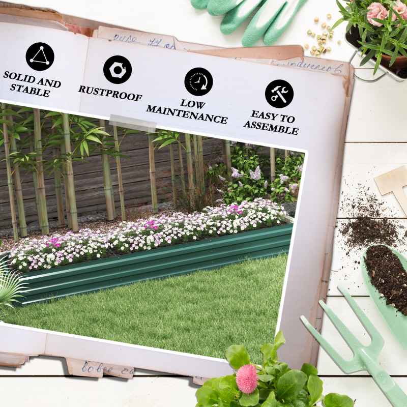 Outsunny Galvanised Raised Bed for Garden, Rectangular Outdoor Elevated Planter Box with Safety Edging and Open Bottom for Growing Flowers, Herbs and Vegetables, 240 x 60 cm, Green