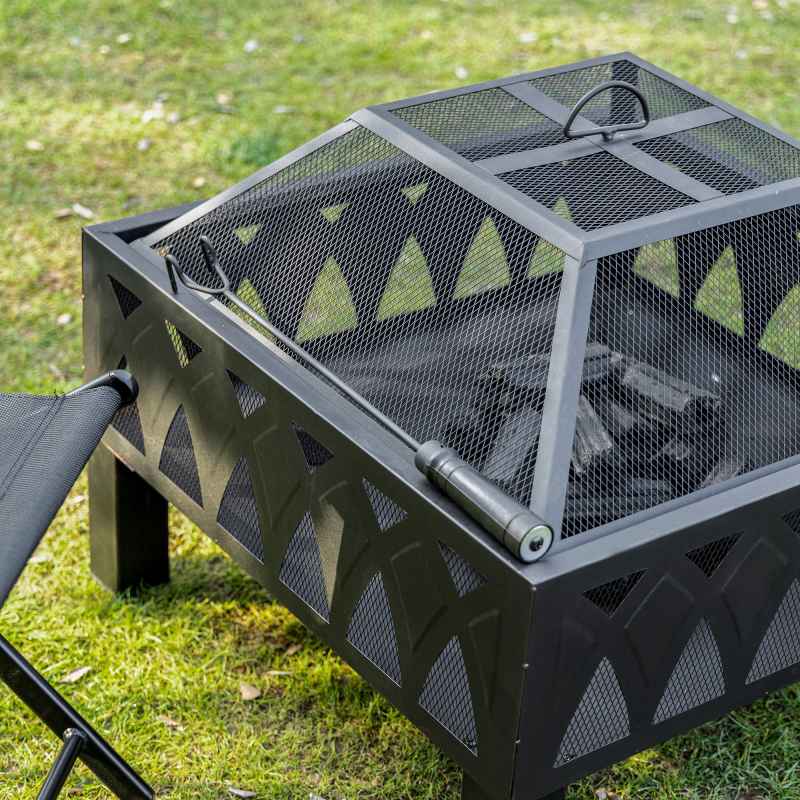 Outsunny 66cm Outdoor Fire Pit with Screen Cover, Wood Burner, Log Burning Firepit Bowl with Poker for Patio, Backyard, Black