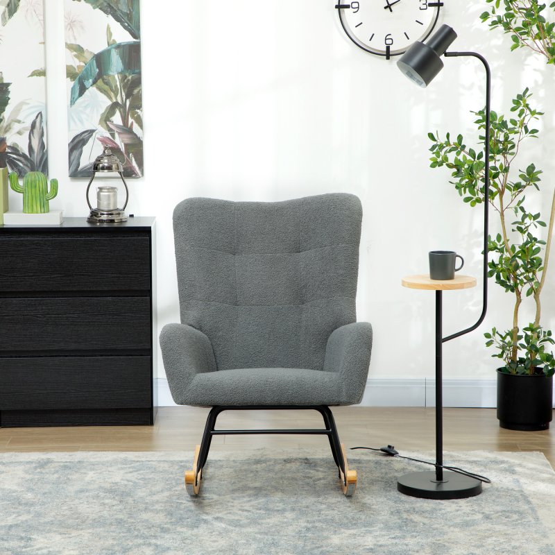 HOMCOM Rocking Chair, Teddy Upholstered Accent Chair, Modern Armchair with Wide Backrest and Rubberwood Base for Living Room, Bedroom, Grey