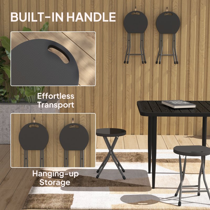 Outsunny Folding Stool Set of 4, Decorative Garden Stool Chair with Safety Latch, Foldable Garden Stools with Powder-Coated Steel Legs HDPE Seat and Handle for Indoor and Outdoor, Charcoal Grey